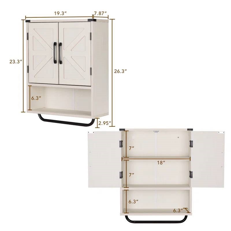 White Farmhouse Bathroom Wall Cabinet with Storage Shelf and Towel Bar FastFurnishings