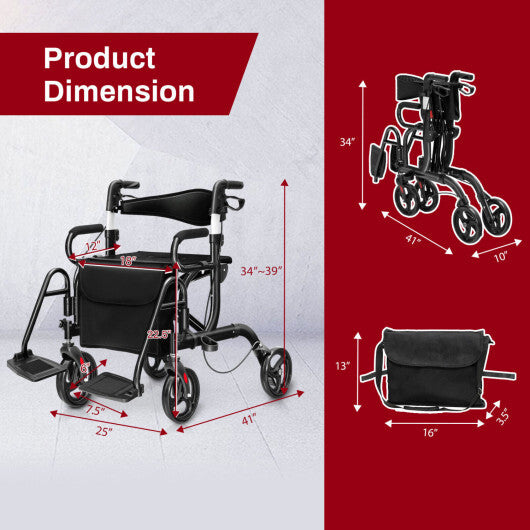 Goplus Rollator Walker with Seat Folding Walker with 8-inch Wheels Supports up to 350lbs Black W2B