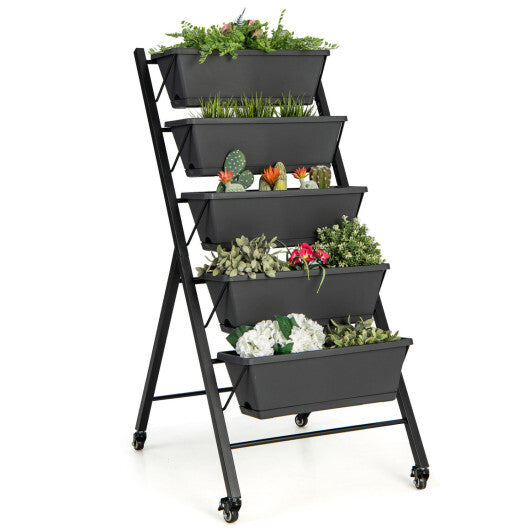 Costway 1 PCS 5-Tier Vertical Raised Garden Bed Elevated Planter with Wheels & Container Boxes Gray W2B