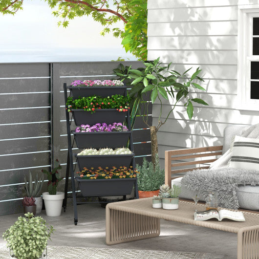 Costway 1 PCS 5-Tier Vertical Raised Garden Bed Elevated Planter with Wheels & Container Boxes Gray W2B