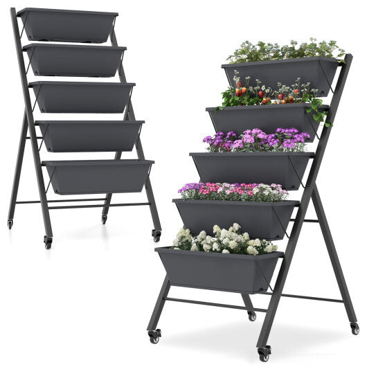 Costway 1 PCS 5-Tier Vertical Raised Garden Bed Elevated Planter with Wheels & Container Boxes Gray W2B