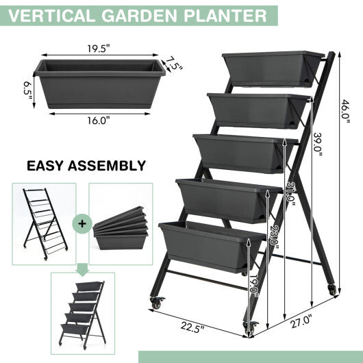 Costway 1 PCS 5-Tier Vertical Raised Garden Bed Elevated Planter with Wheels & Container Boxes Gray W2B