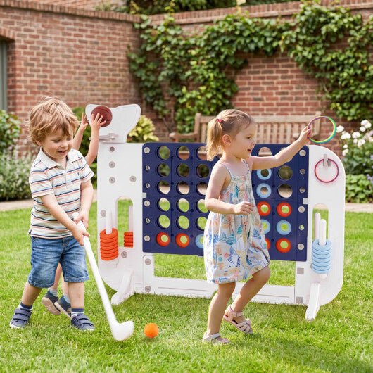 Costway 4-in-a-Row Game Set with Ring-toss Basketball Golf Club & Balls 2 Cups Holders Navy W2B