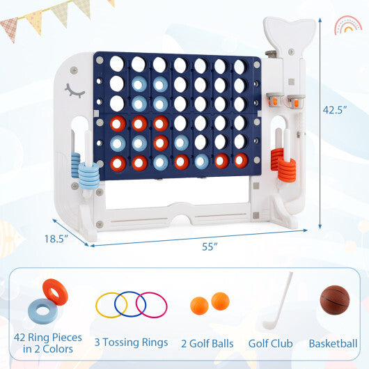 Costway 4-in-a-Row Game Set with Ring-toss Basketball Golf Club & Balls 2 Cups Holders Navy W2B