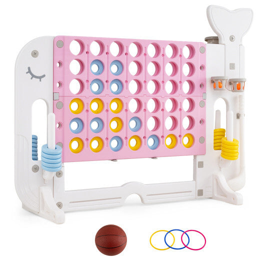 Costway 4-in-a-Row Game Set with Ring-toss Basketball Golf Club & Balls 2 Cups Holders Pink W2B