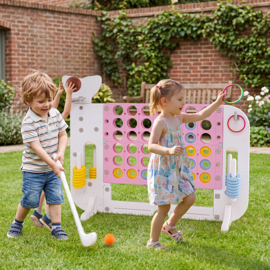 Costway 4-in-a-Row Game Set with Ring-toss Basketball Golf Club & Balls 2 Cups Holders Pink W2B