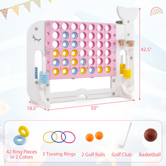 Costway 4-in-a-Row Game Set with Ring-toss Basketball Golf Club & Balls 2 Cups Holders Pink W2B