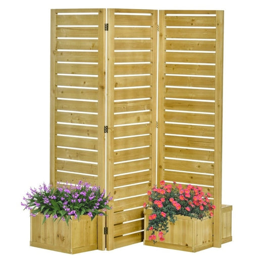 3 Panel Fir Wood Outdoor Privacy Screen with 4 Garden Bed Planters FastFurnishings