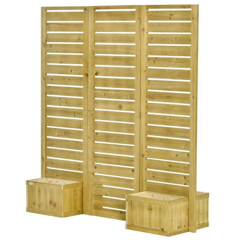 3 Panel Fir Wood Outdoor Privacy Screen with 4 Garden Bed Planters FastFurnishings