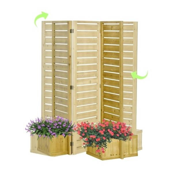 3 Panel Fir Wood Outdoor Privacy Screen with 4 Garden Bed Planters FastFurnishings