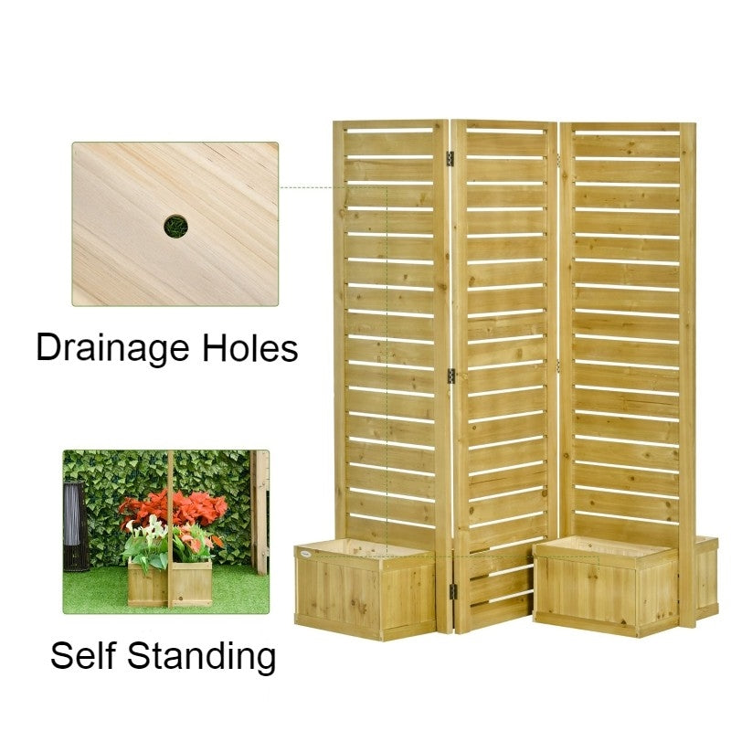 3 Panel Fir Wood Outdoor Privacy Screen with 4 Garden Bed Planters FastFurnishings