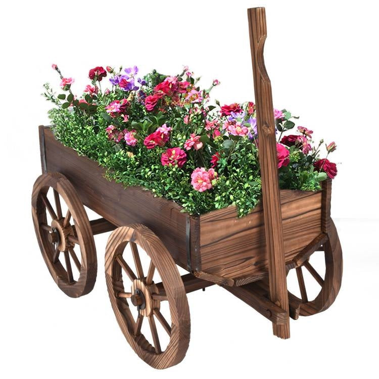 Outdoor Garden Fir Wood Barrel Planter Wagon on Wooden Wheels FastFurnishings