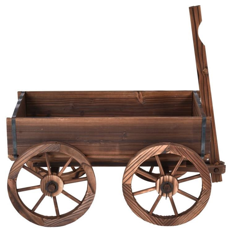 Outdoor Garden Fir Wood Barrel Planter Wagon on Wooden Wheels FastFurnishings