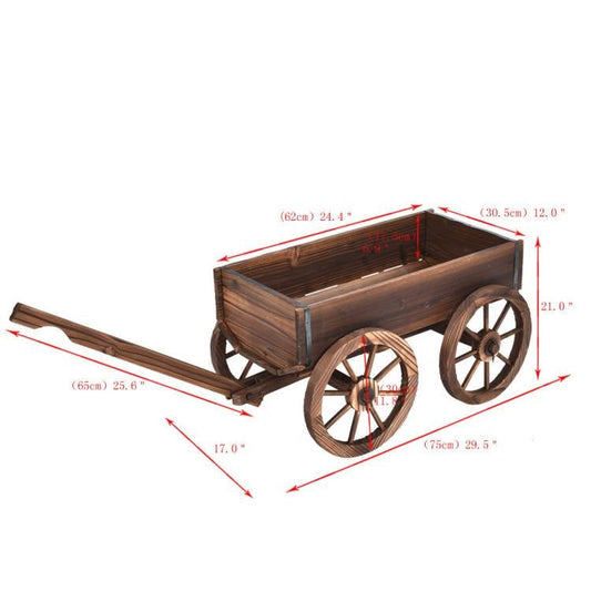 Outdoor Garden Fir Wood Barrel Planter Wagon on Wooden Wheels FastFurnishings