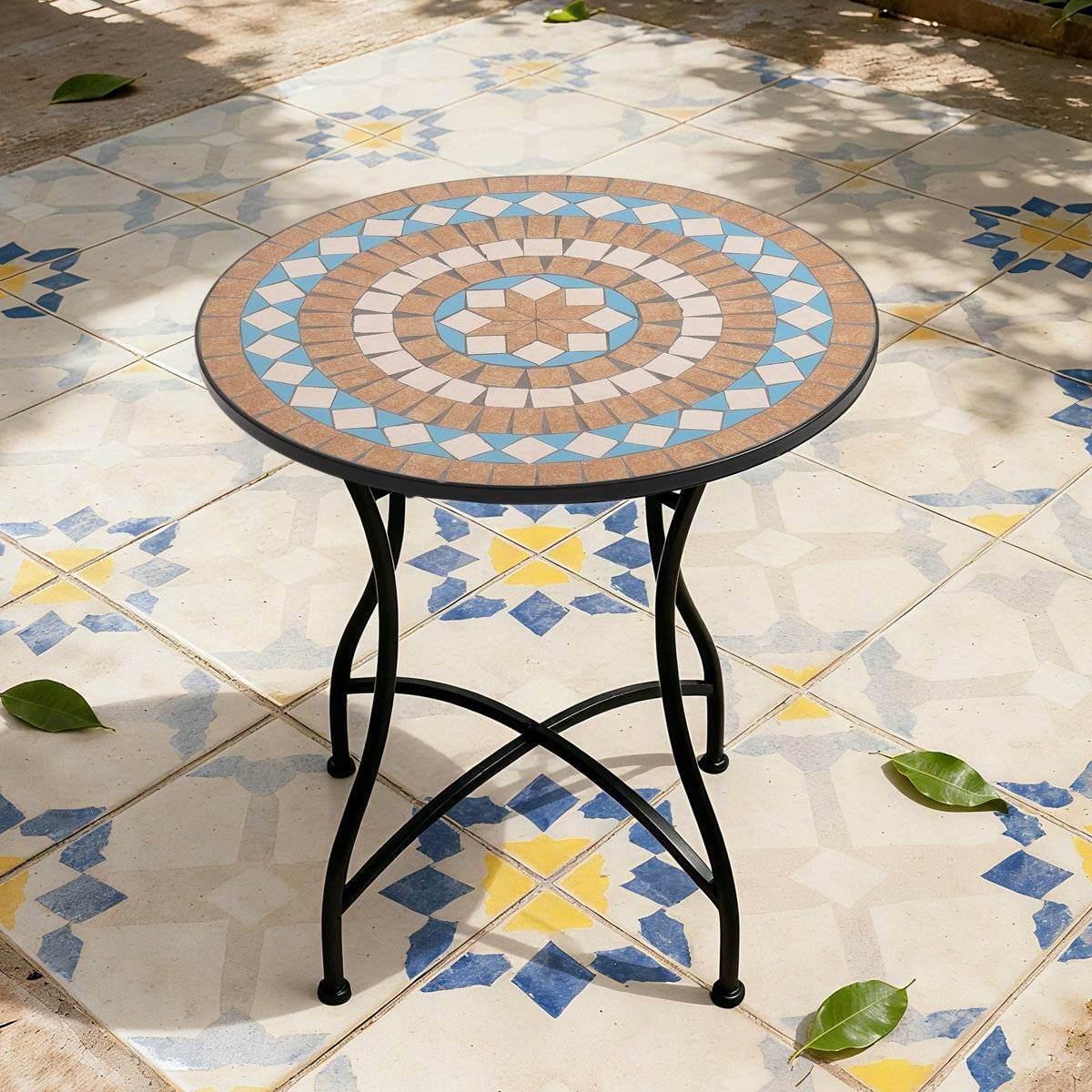 Round 24-inch Blue Beige Mosaic Tile Pattern Bistro Table with Black Metal Legs FastFurnishings