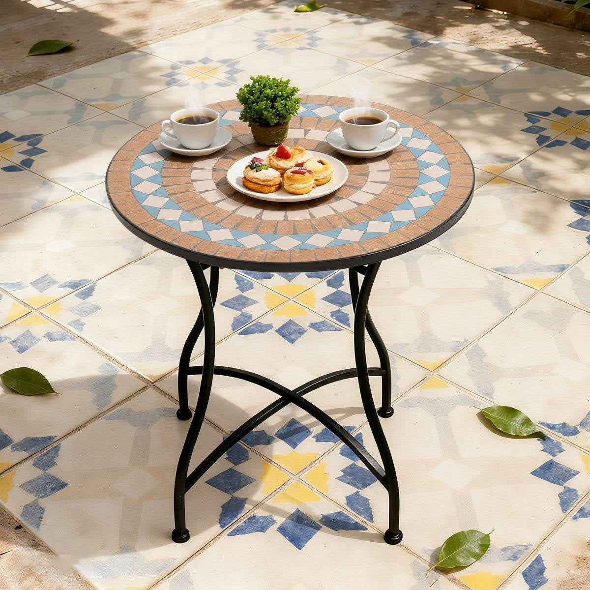 Round 24-inch Blue Beige Mosaic Tile Pattern Bistro Table with Black Metal Legs FastFurnishings