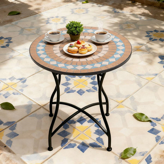 Round 24-inch Blue Beige Mosaic Tile Pattern Bistro Table with Black Metal Legs FastFurnishings