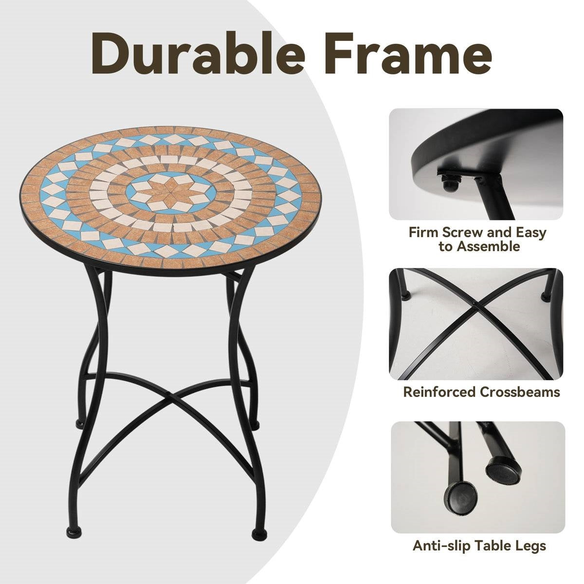 Round 24-inch Blue Beige Mosaic Tile Pattern Bistro Table with Black Metal Legs FastFurnishings