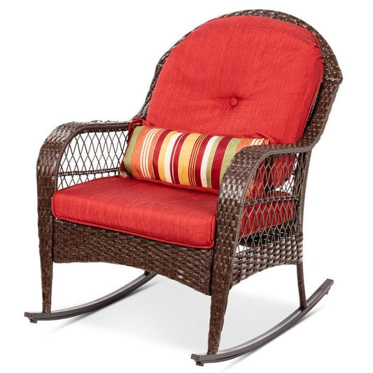 Outdoor Patio Brown Wicker Rocking Chair with Red Cushions and Accent Pillow FastFurnishings