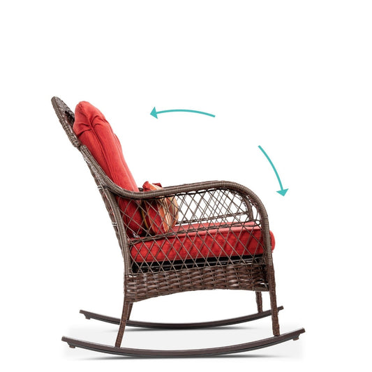 Outdoor Patio Brown Wicker Rocking Chair with Red Cushions and Accent Pillow FastFurnishings