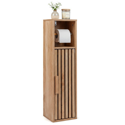 Costway Slim Bathroom Cabinets Freestanding Toilet Paper Holder Stand with Door-Natural W2B