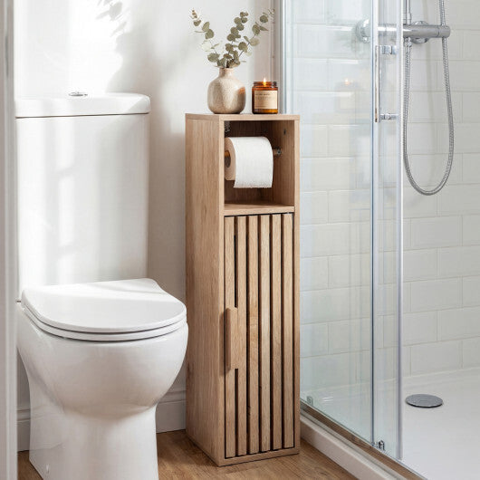 Costway Slim Bathroom Cabinets Freestanding Toilet Paper Holder Stand with Door-Natural W2B