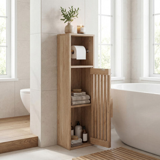 Costway Slim Bathroom Cabinets Freestanding Toilet Paper Holder Stand with Door-Natural W2B