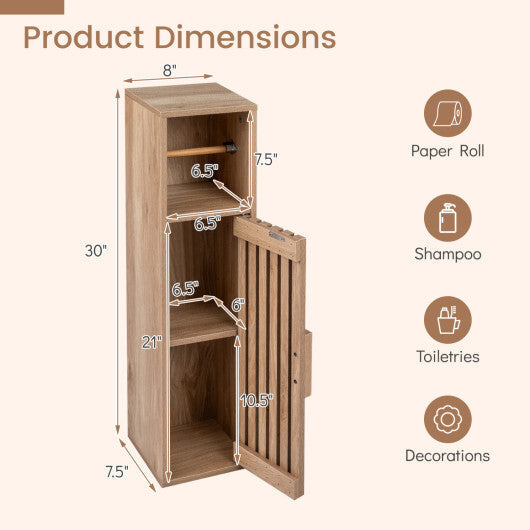 Costway Slim Bathroom Cabinets Freestanding Toilet Paper Holder Stand with Door-Natural W2B