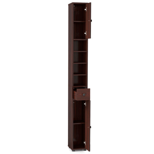 Costway Freestanding Slim Bathroom Cabinet with Drawer and Adjustable Shelves-Brown W2B