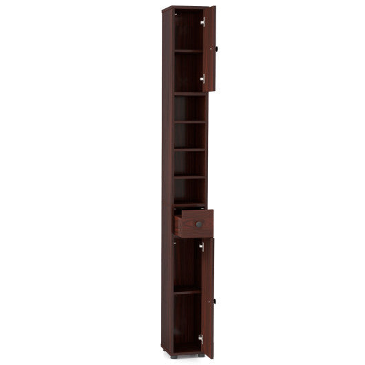 Costway Freestanding Slim Bathroom Cabinet with Drawer and Adjustable Shelves-Brown W2B