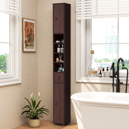 Costway Freestanding Slim Bathroom Cabinet with Drawer and Adjustable Shelves-Brown W2B