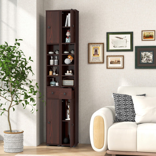 Costway Freestanding Slim Bathroom Cabinet with Drawer and Adjustable Shelves-Brown W2B