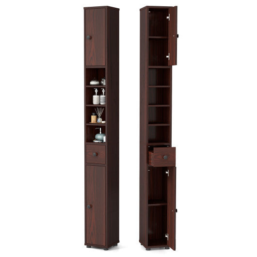Costway Freestanding Slim Bathroom Cabinet with Drawer and Adjustable Shelves-Brown W2B
