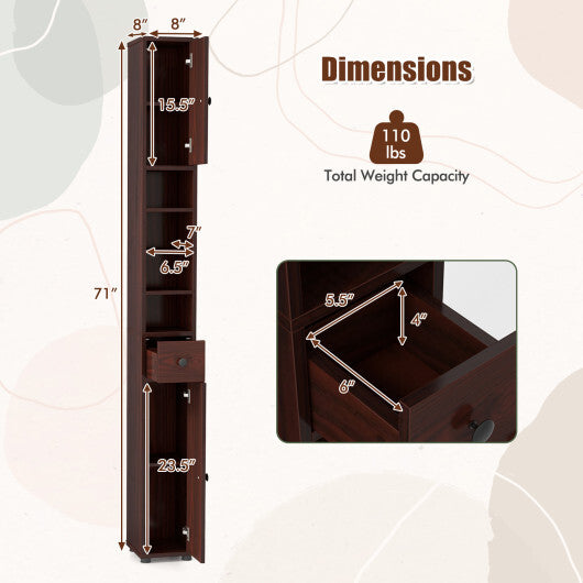 Costway Freestanding Slim Bathroom Cabinet with Drawer and Adjustable Shelves-Brown W2B