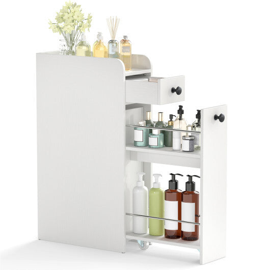 Costway Small Bathroom Storage Cabinet 4-Tier with Slide Out Drawers on Casters-White W2B