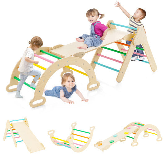 Costway 5-in-1 Wooden Kids Climber Toys with Triangle Arch Ramp-Multicolor W2B