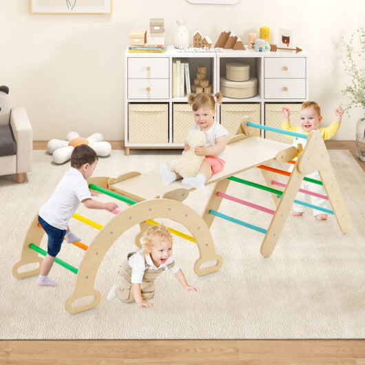 Costway 5-in-1 Wooden Kids Climber Toys with Triangle Arch Ramp-Multicolor W2B