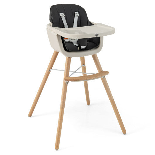 Babyjoy 3 in 1 Convertible Wooden High Chair Toddler Feeding Chair with Cushion Black W2B