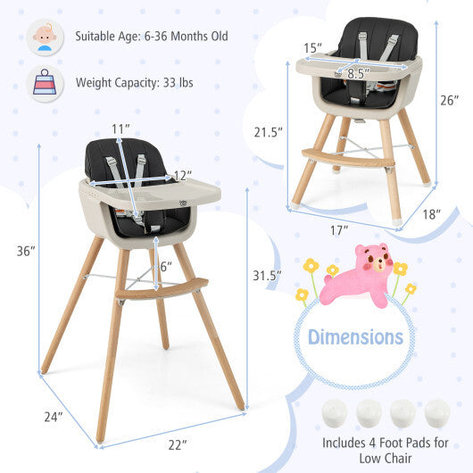 Babyjoy 3 in 1 Convertible Wooden High Chair Toddler Feeding Chair with Cushion Black W2B