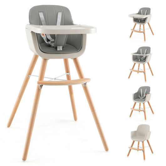 Babyjoy 3 in 1 Convertible Wooden High Chair Toddler Feeding Chair with Cushion Grey W2B