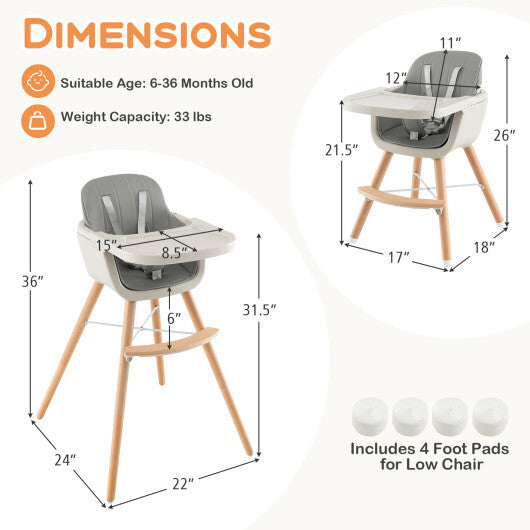 Babyjoy 3 in 1 Convertible Wooden High Chair Toddler Feeding Chair with Cushion Grey W2B