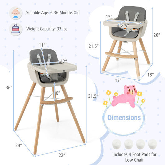 Babyjoy 3 in 1 Convertible Wooden High Chair Toddler Feeding Chair with Cushion Dark Grey W2B