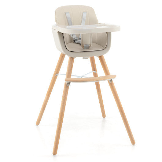 Babyjoy 3 in 1 Convertible Wooden High Chair Toddler Feeding Chair with Cushion Beige W2B