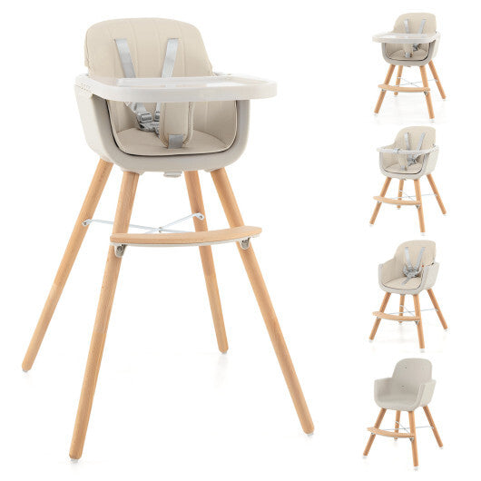 Babyjoy 3 in 1 Convertible Wooden High Chair Toddler Feeding Chair with Cushion Beige W2B