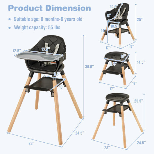 Costway 6 in 1 Convertible Highchair with Safety Harness and Removable Tray Black W2B