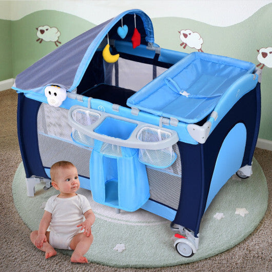 Costway Foldable Baby Crib Playpen Travel Infant Flat Bassinet Bed Mosquito Net Music with Bag Blue