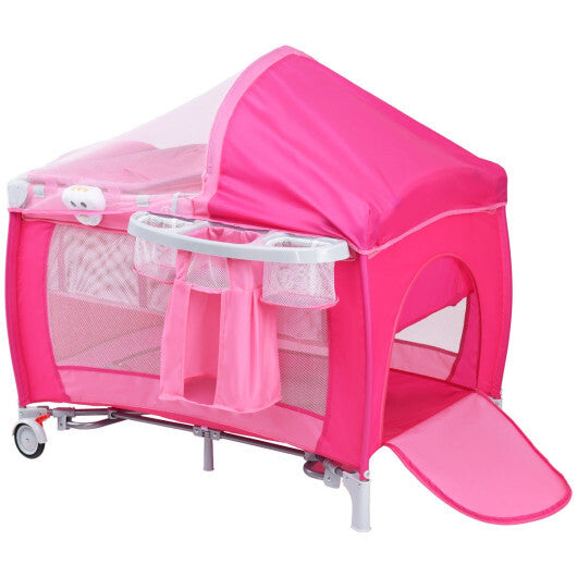 Costway Foldable Baby Crib Playpen Travel Infant Flat Bassinet Bed Mosquito Net Music with Bag Pink W2B