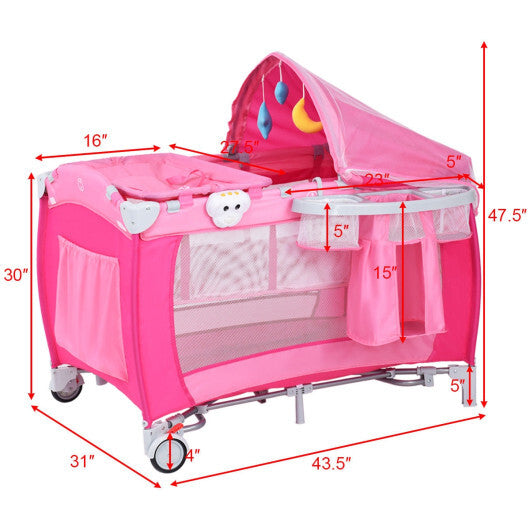 Costway Foldable Baby Crib Playpen Travel Infant Flat Bassinet Bed Mosquito Net Music with Bag Pink W2B