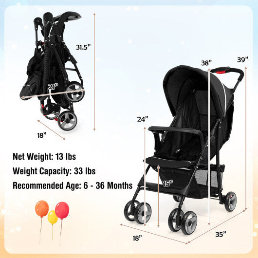 Costway Foldable Lightweight Baby Stroller Travel Pushchair 0-36 Months Age Group 13 lbs Black W2B