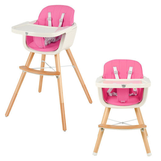 Babyjoy 3 in 1 Convertible Wooden High Chair Toddler Feeding Chair with Cushion Pink W2B